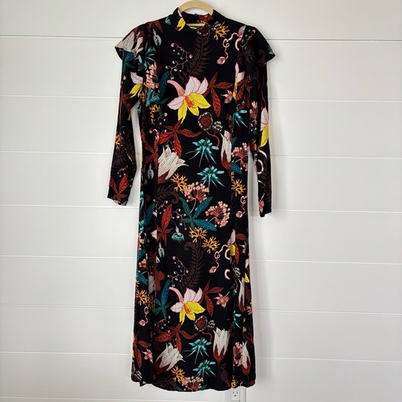 H&M Floral Sheath Dress with Mandarin Collar and Long Flutter Sleeves Size 4 - Picture 3 of 14